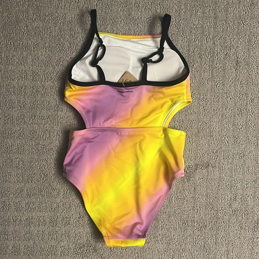 Happy Nation One Piece Swimsuit Cut Out Sides Purple Yellow Black Girls 7/8